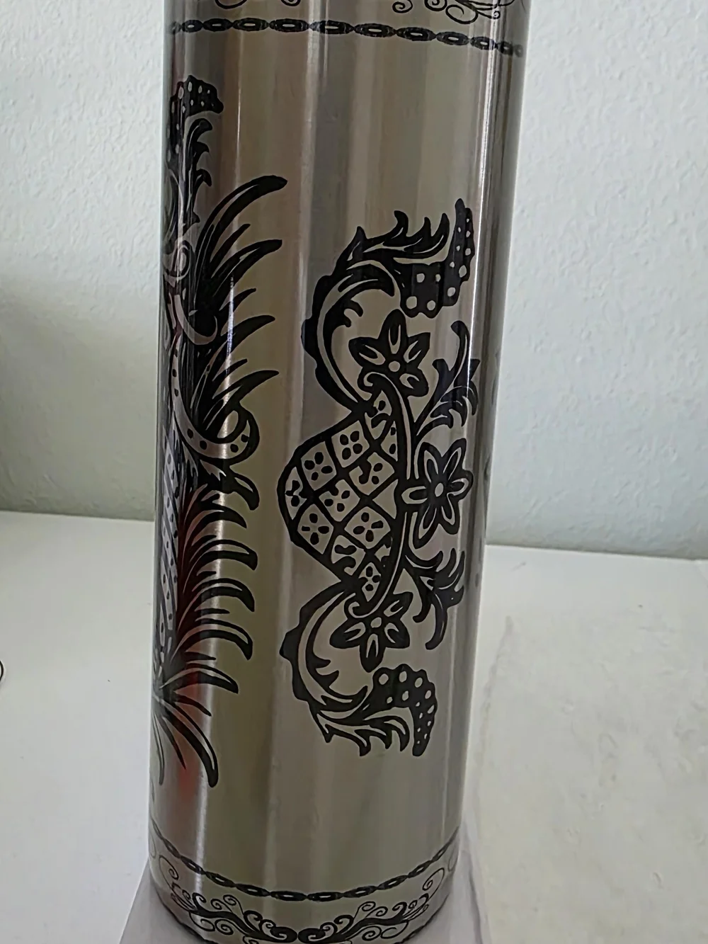 Silver Stainless Travel Tumbler with Black Script Floral Design